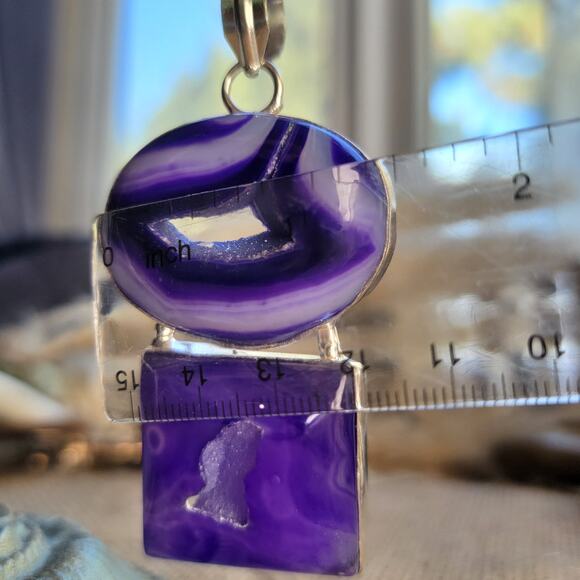 Purple Agate Geode Pendant Sterling Silver, Handmade Boho Crystal Jewelry - Picture 5 of 10